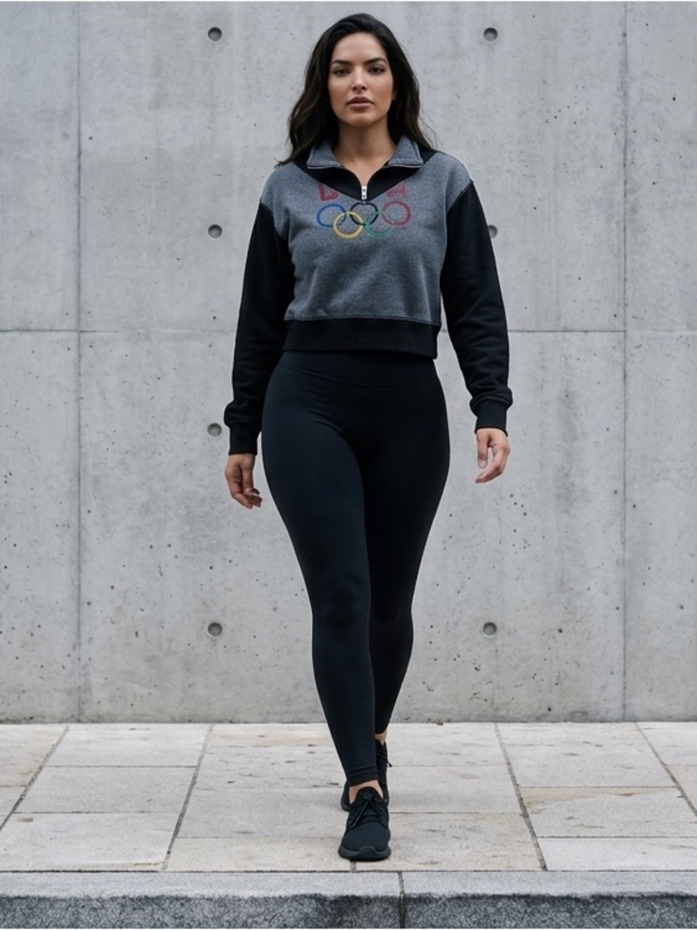 Re/Done Gray and Black Half-Zip Sweatshirt with Multicolor Olympic Rings
